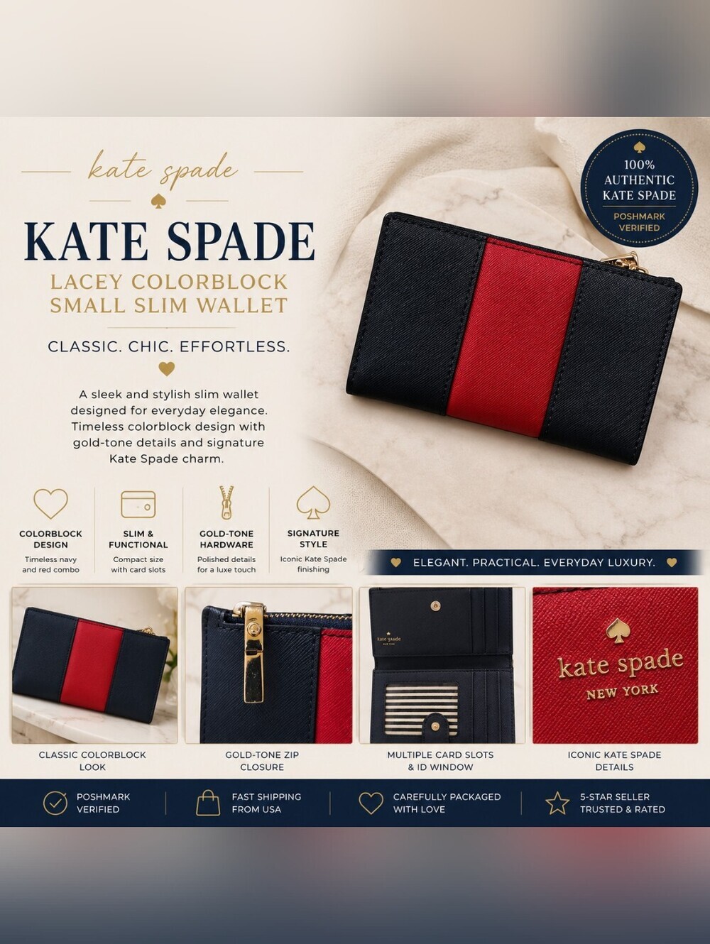 Kate Spade Navy Red Colorblock Bifold Wallet Saffiano Leather Gold Hardware